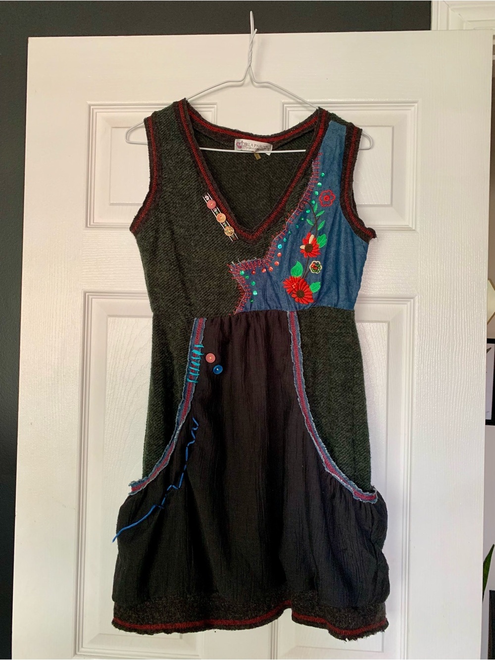 Vintage Forla Paris Boho-Chic Embroidered Mixed-Fabric Patchwork Dress